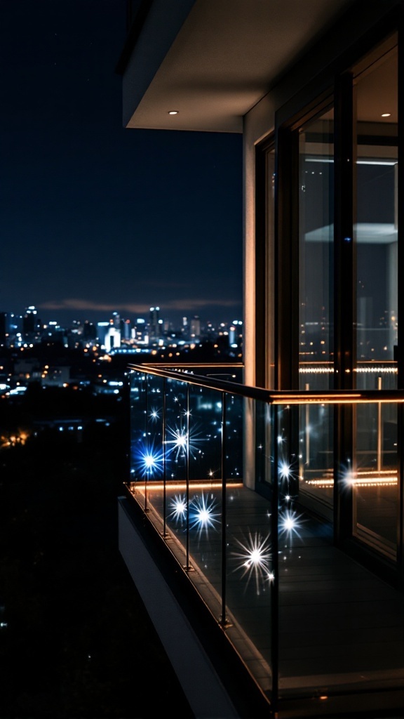 A beautifully lit glass balcony overlooking a city at night.