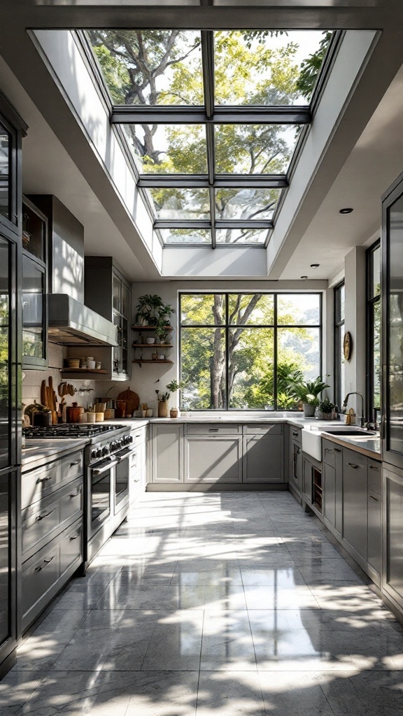 A modern kitchen featuring glass panels for natural light.