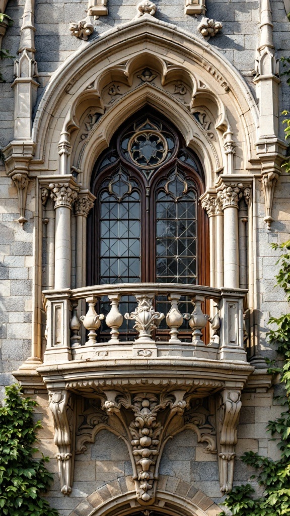 Gothic Revival balcony featuring ornate stone details and an elegant design.