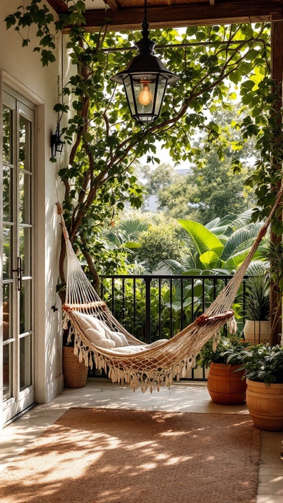 A hammock set up on a balcony surrounded by lush greenery.