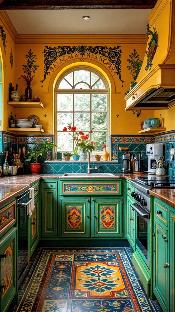 Colorful hand-painted dado tiles in a bright kitchen with green cabinets and vibrant decor.