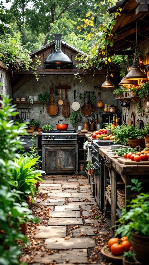 A rustic outdoor kitchen surrounded by lush plants and fresh vegetables.