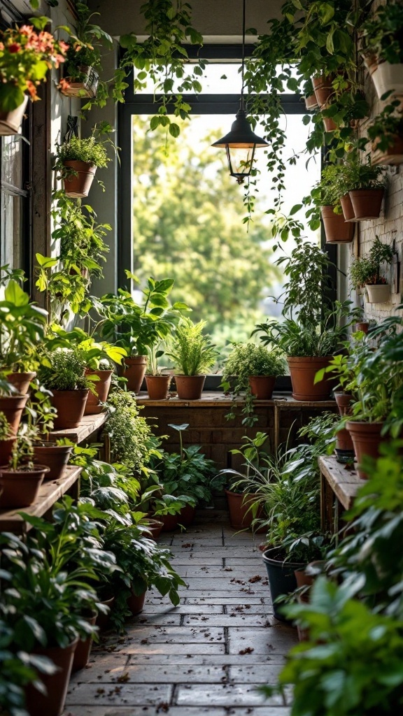 A cozy balcony atrium filled with various potted herbs and vegetables.