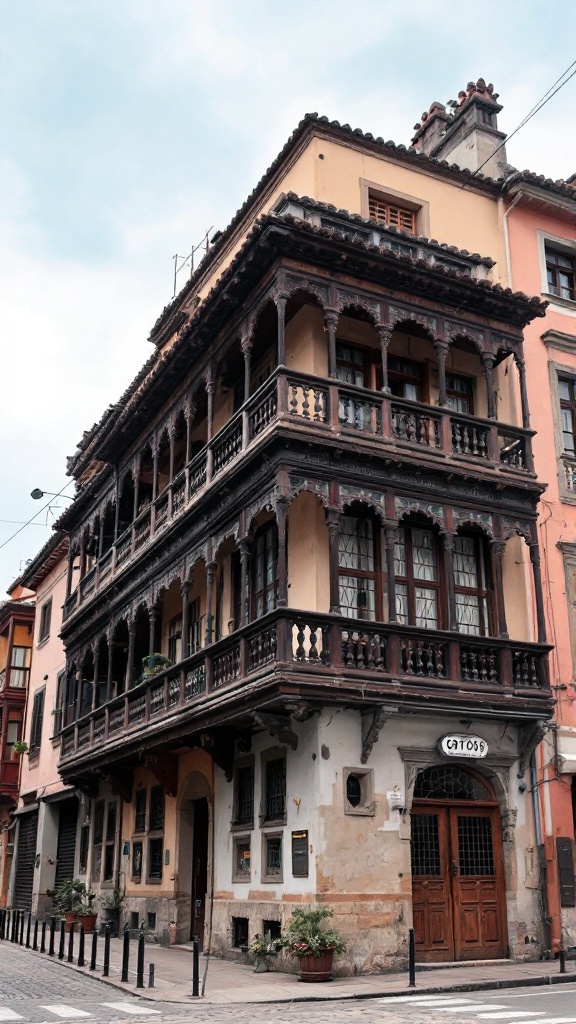 An ornate wooden balcony structure on a historical building.