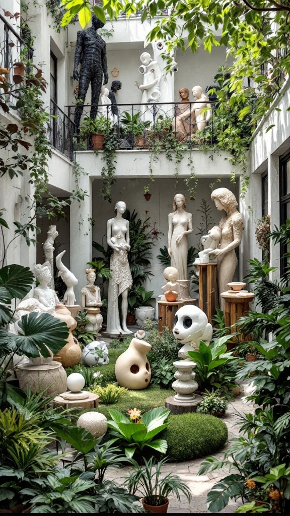 A balcony atrium filled with various sculptures and greenery, showcasing a blend of artistic styles.