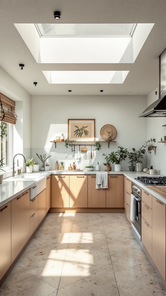 Bright kitchen with skylights and wooden cabinets