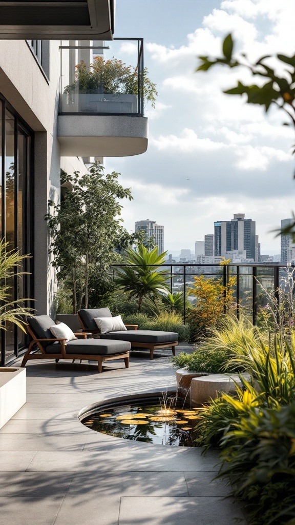 A stylish balcony with modern lounge chairs, lush greenery, and a small pond surrounded by plants.