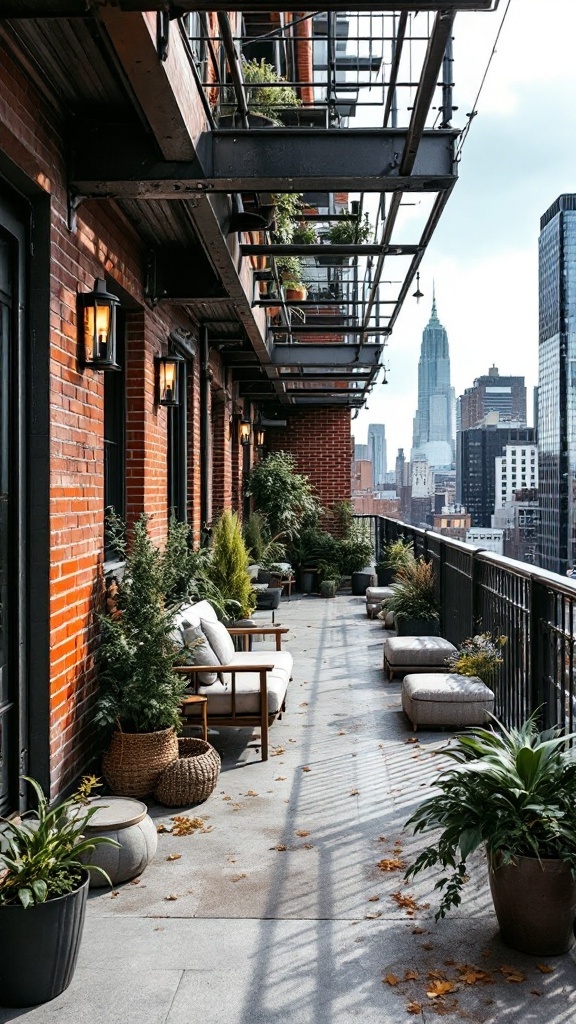 A stylish industrial urban balcony featuring brick walls, metal railings, and potted plants.