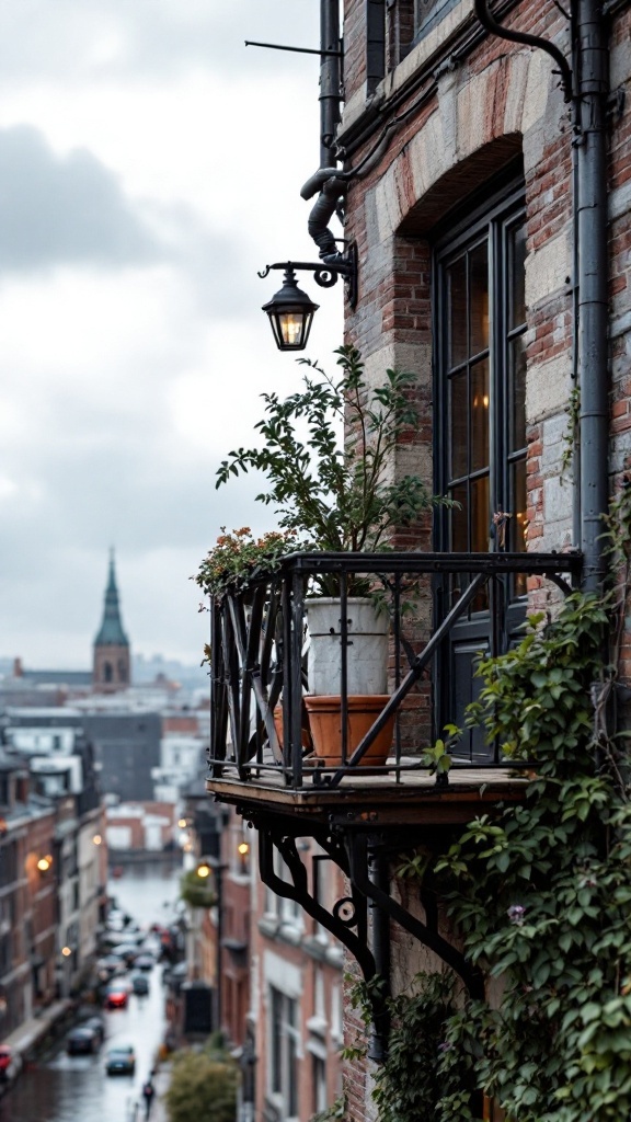 Juliet balcony with iron railing and potted plants overlooking a city street.