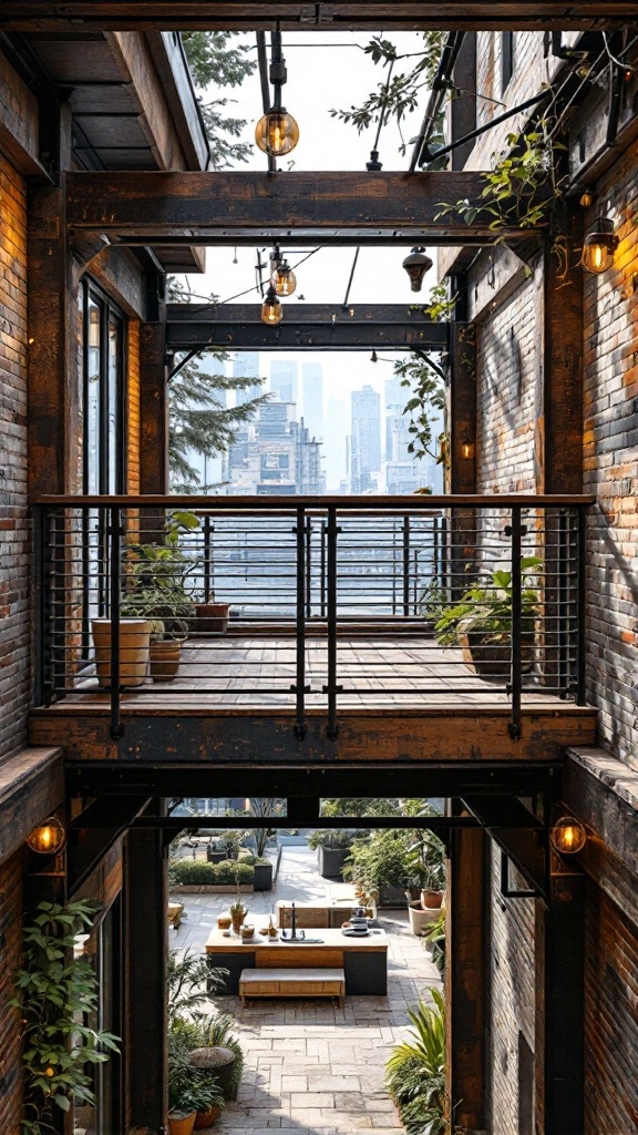 Industrial style balcony featuring exposed beams, warm lighting, and decorative plants