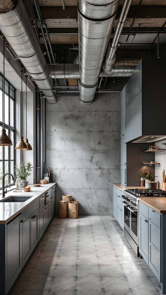 A modern kitchen with industrial style features including exposed ductwork and concrete walls.