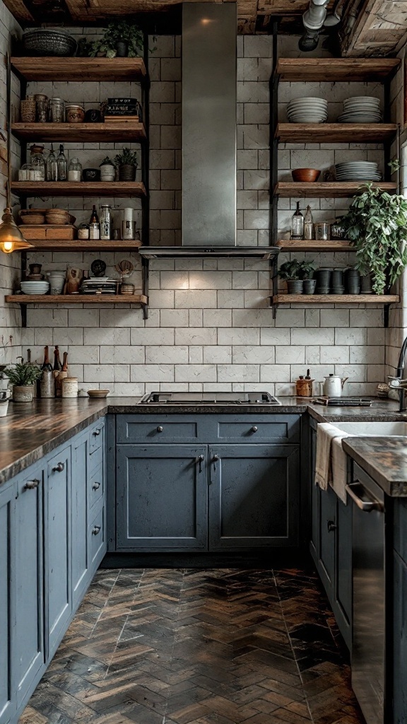 A stylish kitchen featuring industrial style dado tiles, dark blue cabinets, and open wooden shelves.