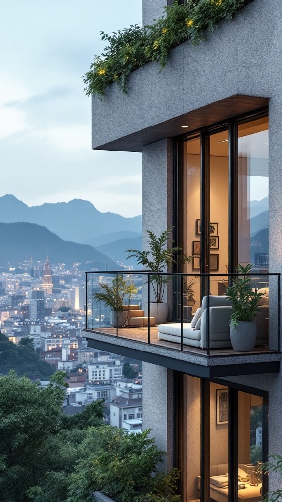 A modern cantilevered balcony featuring smart technology and lush plants, overlooking a cityscape.