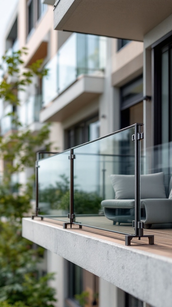 A modern balcony with glass railings and comfortable seating.