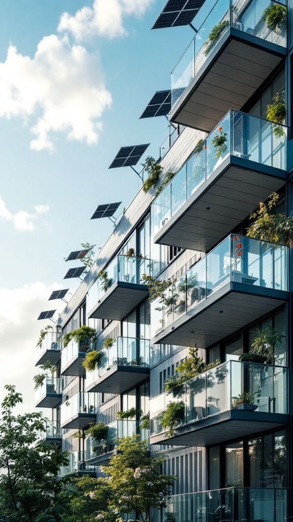 A building with glass balconies featuring solar panels and greenery.