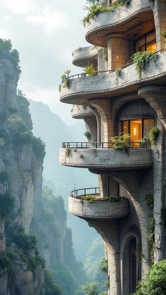 A multi-level cantilevered balcony design overlooking a misty landscape.