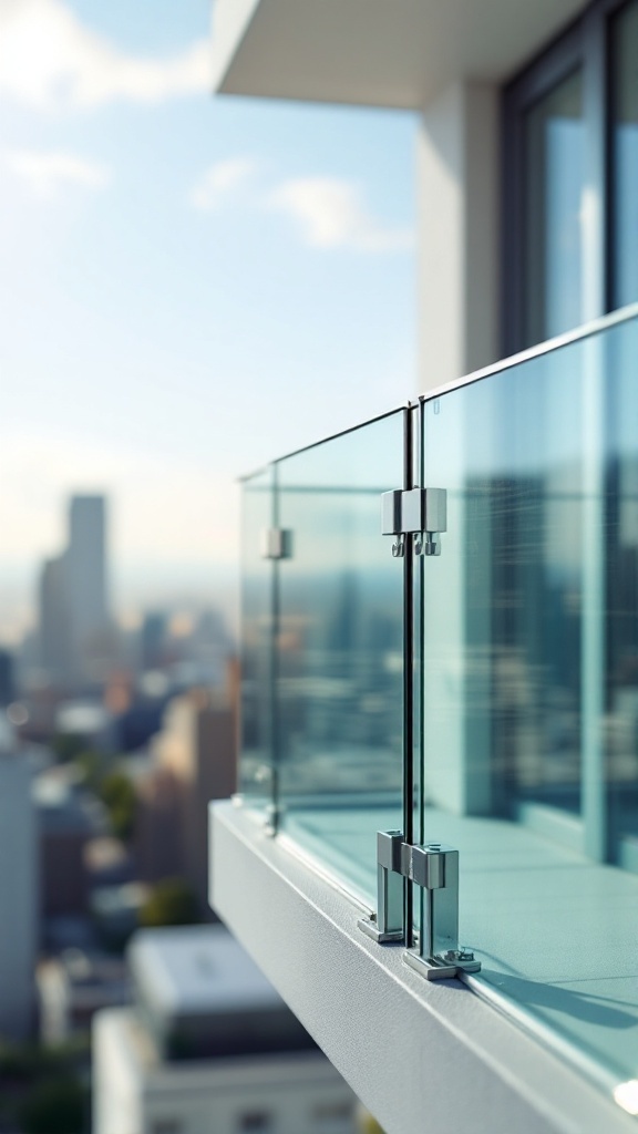 Close-up of a modern glass balcony with sleek railing and a city view.