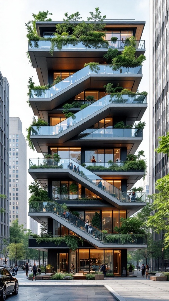 A modern stacked balcony building with greenery and people, showcasing innovative architecture.