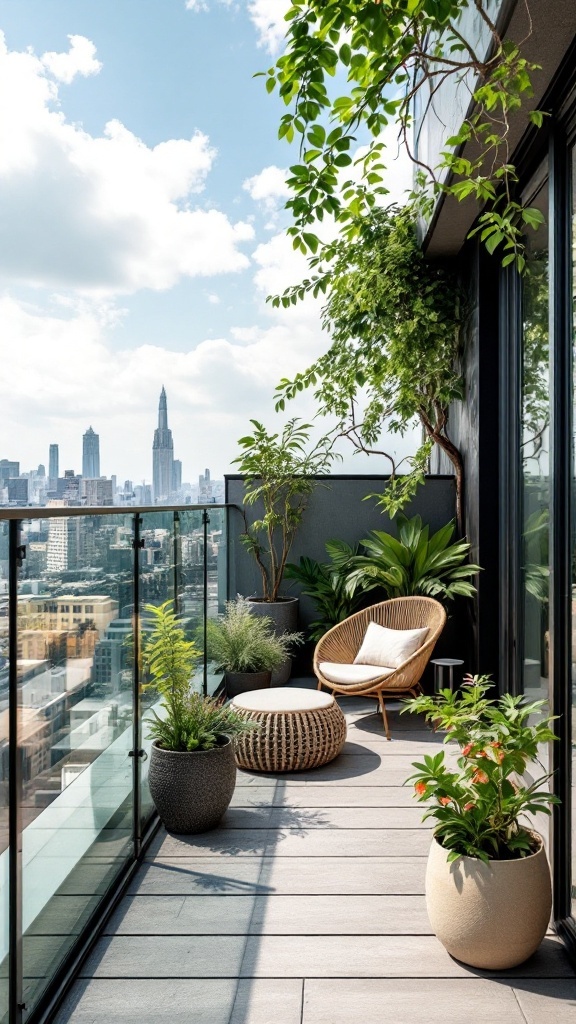 A small balcony with glass railing, plants, and cozy seating overlooking a city skyline.