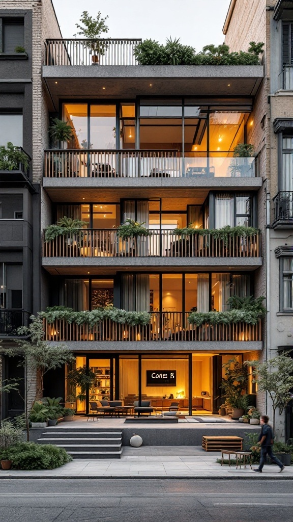 Photo of a modern building with stacked balconies filled with plants and warm lighting.