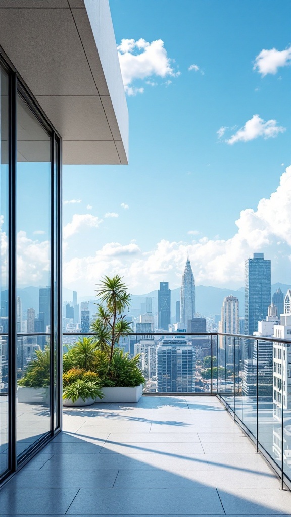 A modern balcony overlooking a city skyline with greenery and a clear blue sky.