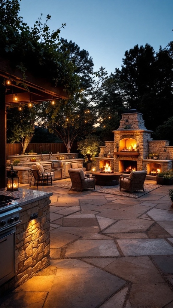 Modern rustic outdoor kitchen with integrated fire features and cozy seating.