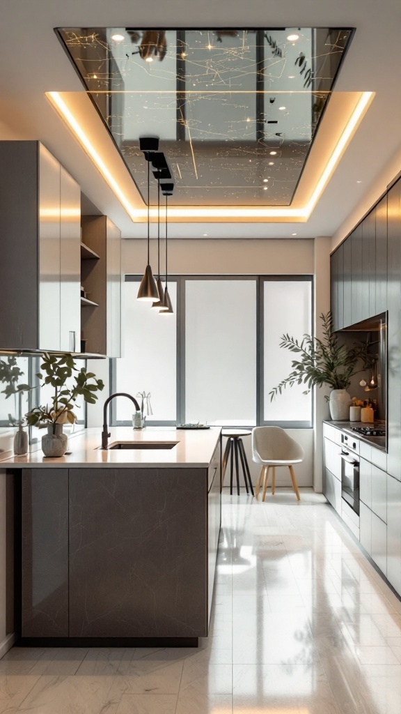 A modern kitchen featuring a stylish false ceiling and integrated smart home technology.