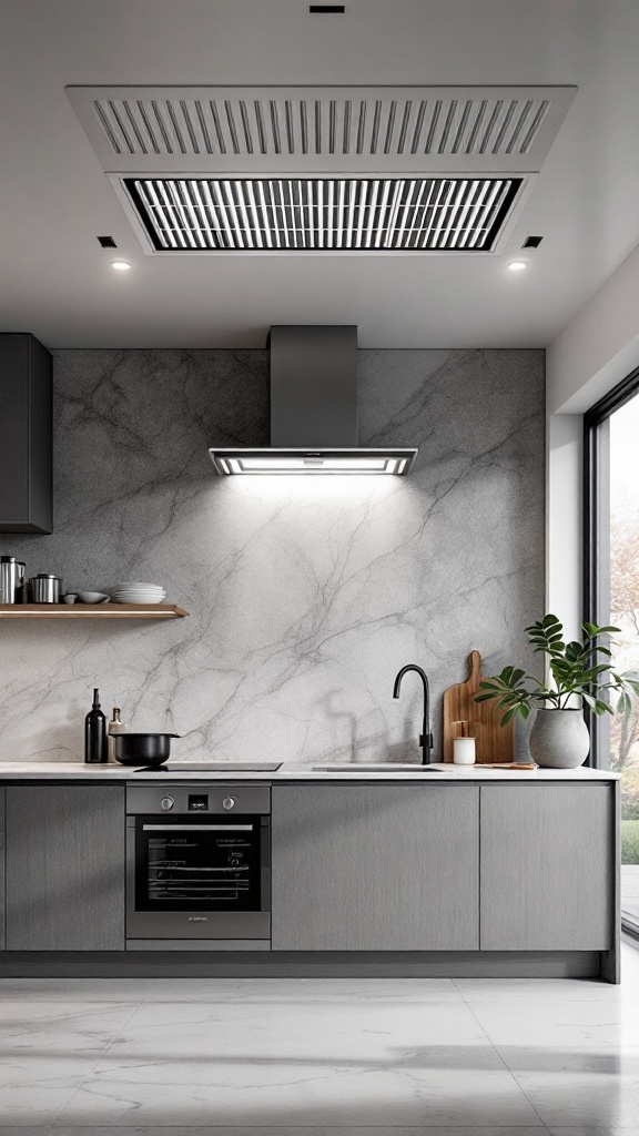 Modern kitchen with integrated ventilation system in the ceiling.