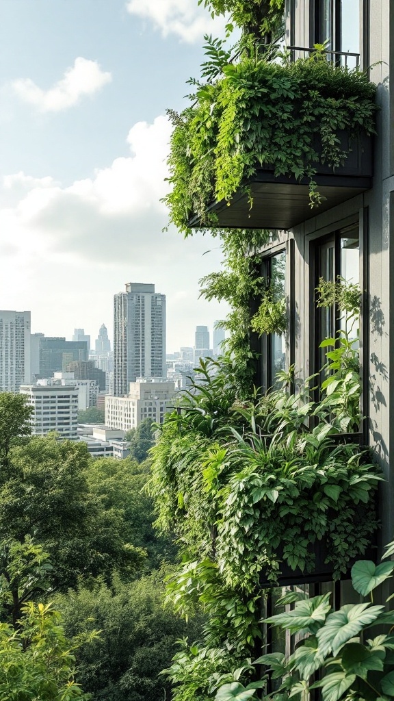 A modern building with balconies overflowing with lush green plants against a city skyline.