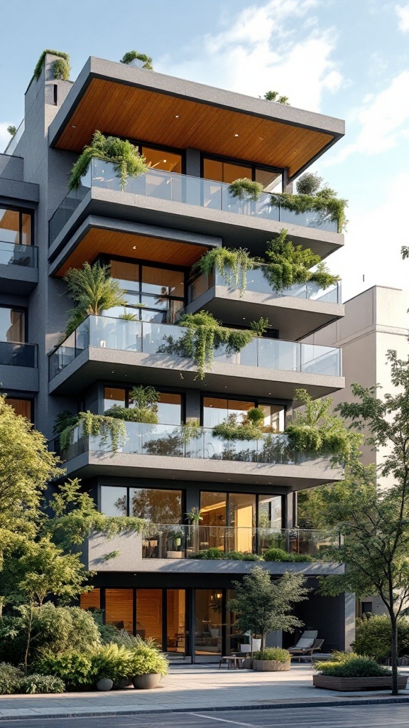 Modern stacked balcony architecture with greenery and glass railing.