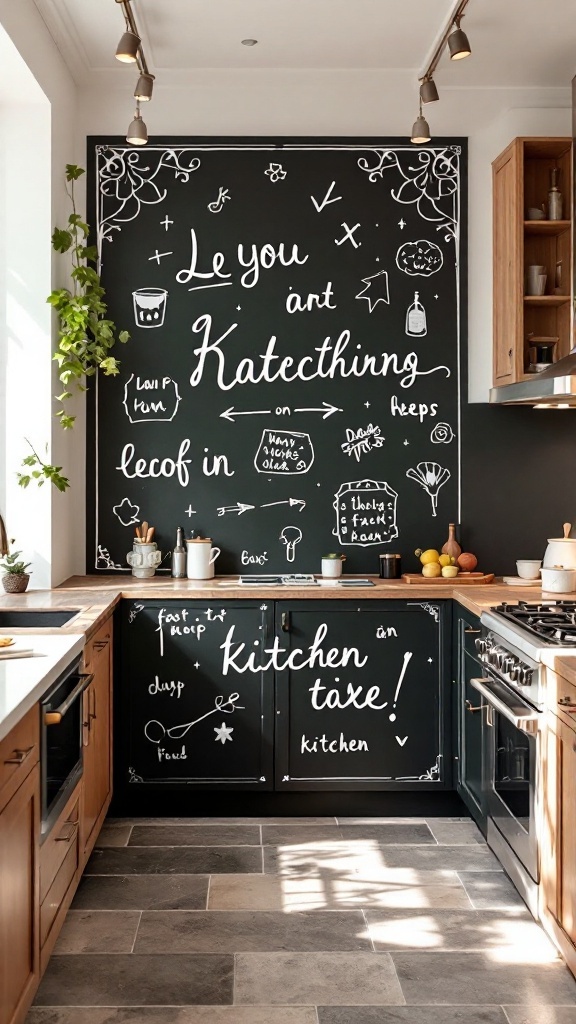 A kitchen featuring interactive chalkboard dado tiles with handwritten notes and drawings.