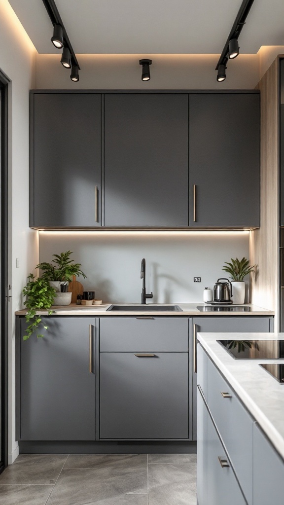 A modern kitchen with low-profile false ceiling and sleek cabinetry.