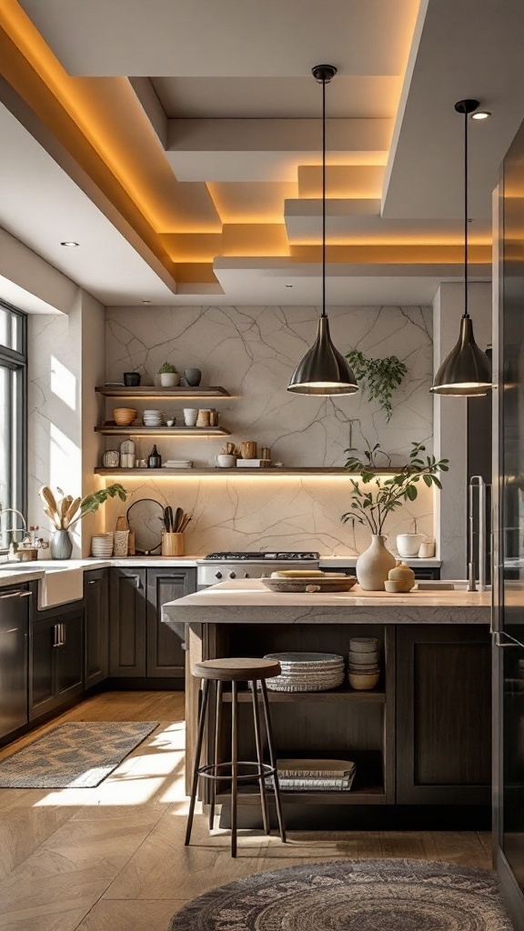 A stylish kitchen featuring a layered ceiling design with warm lighting.