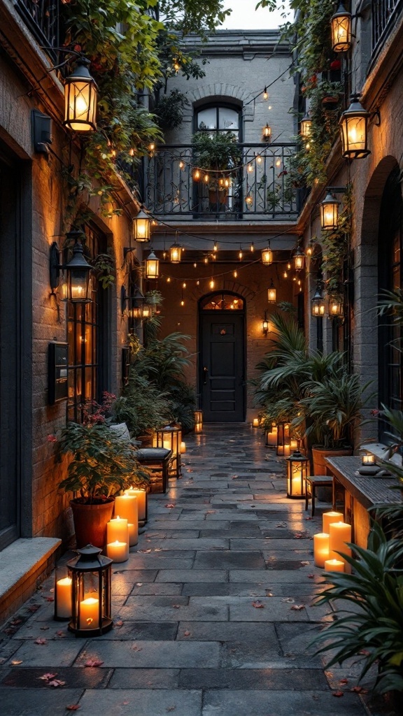 A beautifully lit balcony atrium with lanterns, string lights, and candles.