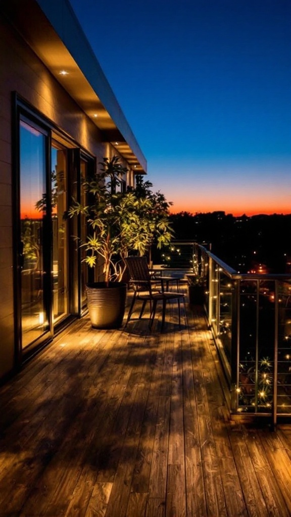 A beautifully lit balcony at sunset with cozy seating and plants