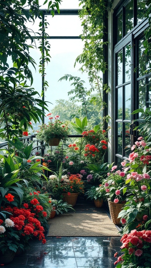 A glass balcony filled with colorful flowers and lush greenery.