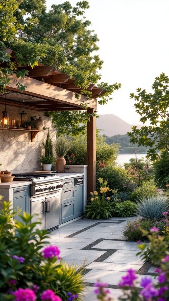 A modern rustic outdoor kitchen integrated into a lush landscape with flowers and greenery.