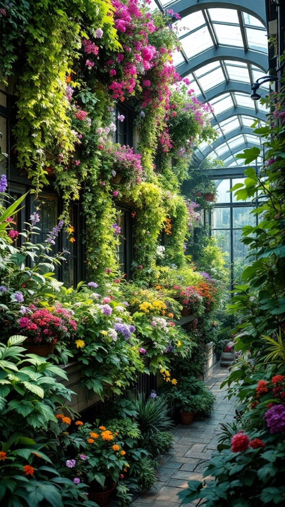 A beautiful vertical garden filled with colorful flowers and greenery in a glass atrium.