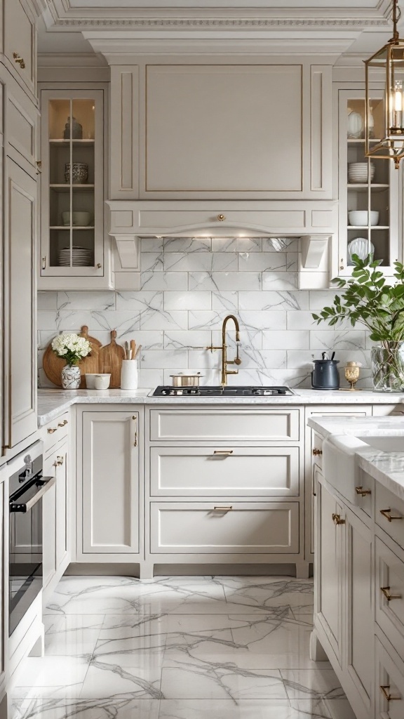 Luxe marble effect dado tiles in a modern kitchen