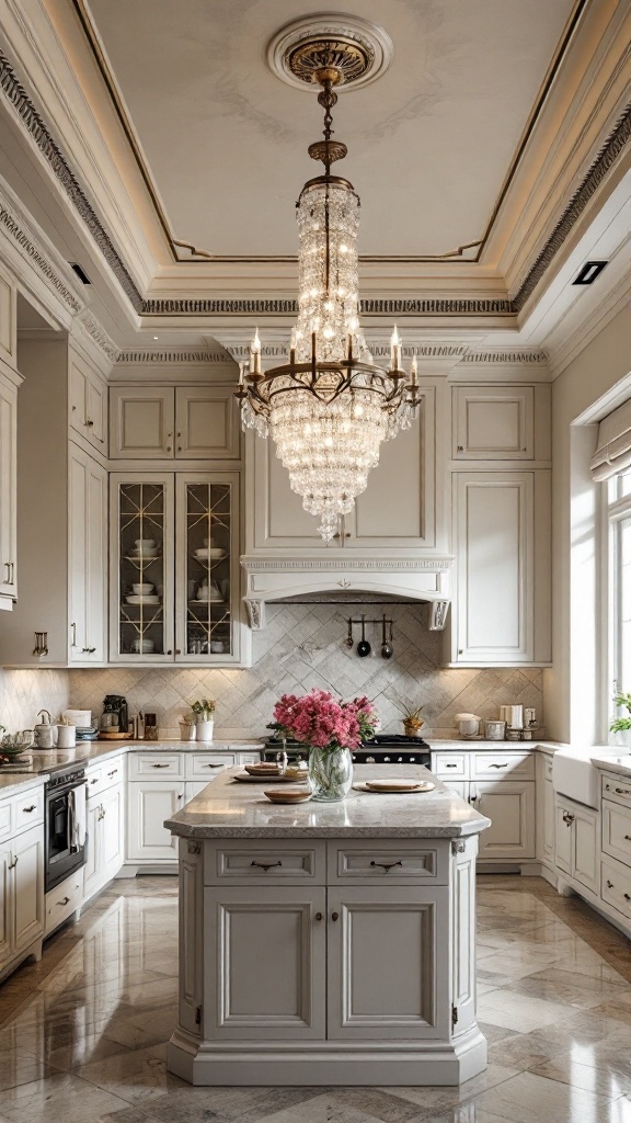 A luxurious chandelier hanging from a ceiling in a modern kitchen