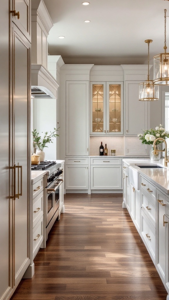 Luxurious galley kitchen featuring custom cabinetry, white cabinets, gold hardware, and wooden flooring.