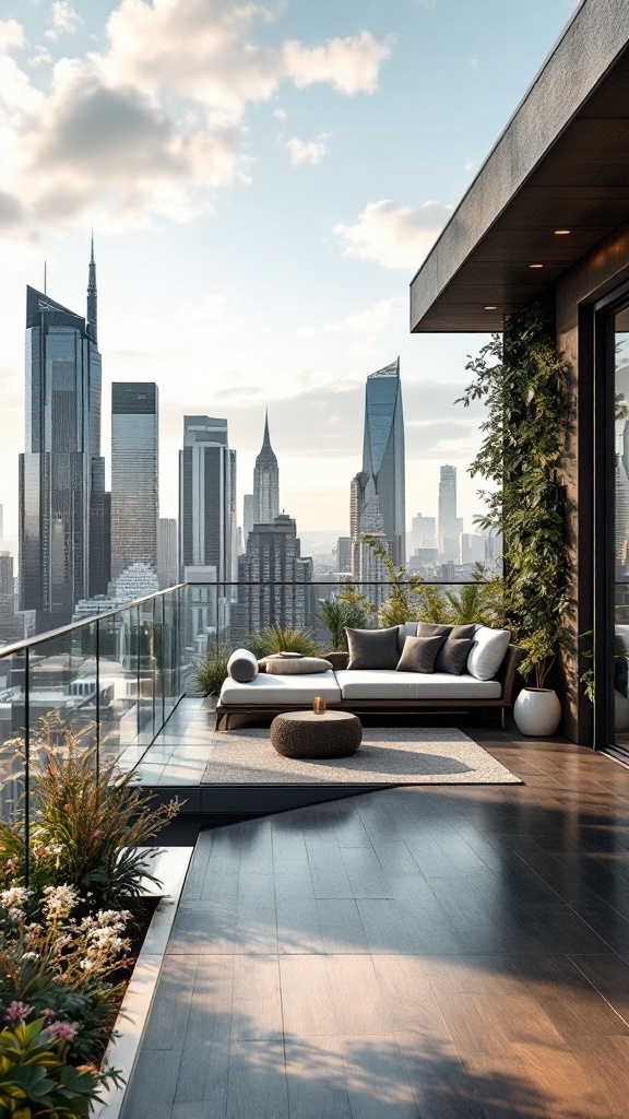 Luxurious rooftop cantilevered lounge with city skyline views