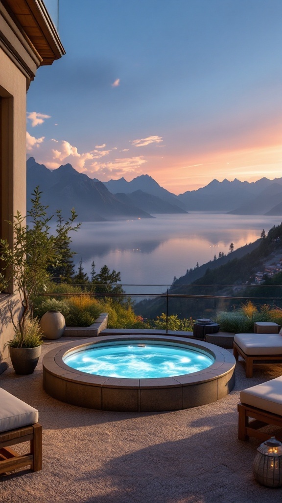 A luxury balcony featuring a hot tub with mountain views at sunset.