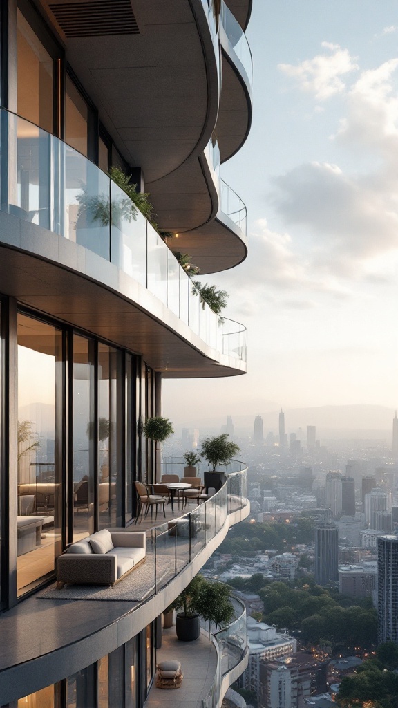 Luxury high-rise glass balcony with city view