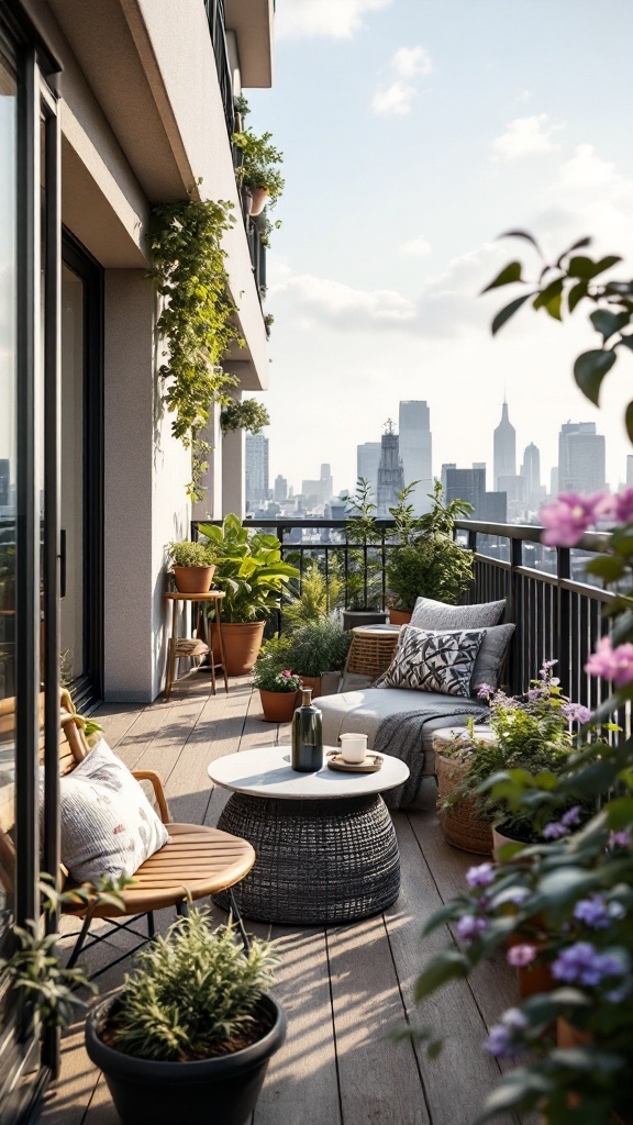 A cozy balcony with plants, comfortable seating, and a city view.