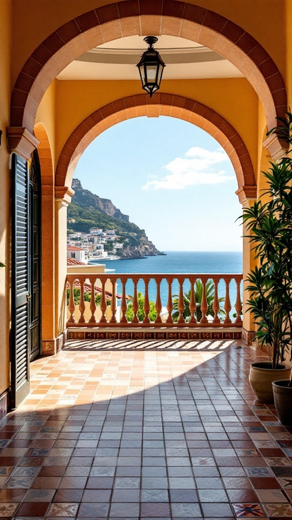 A Mediterranean-style balcony with a view of the sea, featuring terracotta tiles and ornate railings.