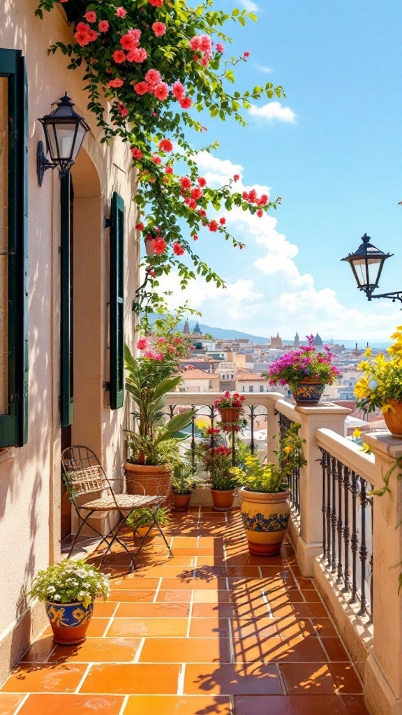 A beautiful Juliet balcony adorned with flowers and plants, showcasing Mediterranean design.