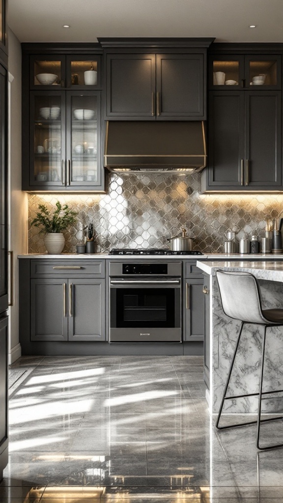 A stylish kitchen featuring metallic accented dado tiles with gray cabinets and marble countertops.