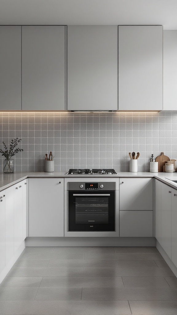 A modern kitchen featuring minimalist grey dado tiles, white cabinets, and sleek appliances.