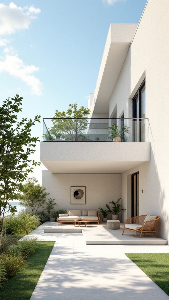 A minimalist balcony with a clean design, featuring plants and a seating area.